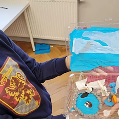 dziecko pokazuję zrobioną krainę lodu